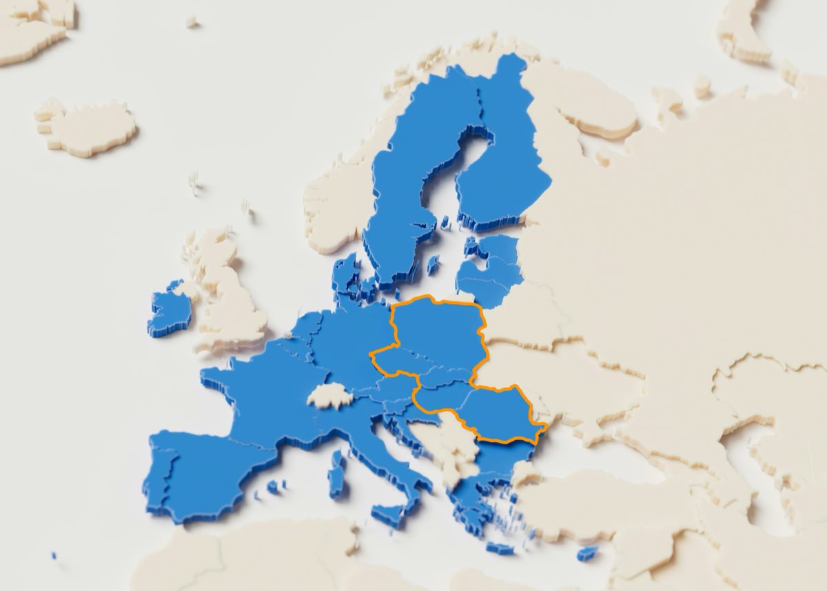 Map of Europe with the five countries we operate in outlined: Poland, Czechia, Slovakia, Hungary and Romania