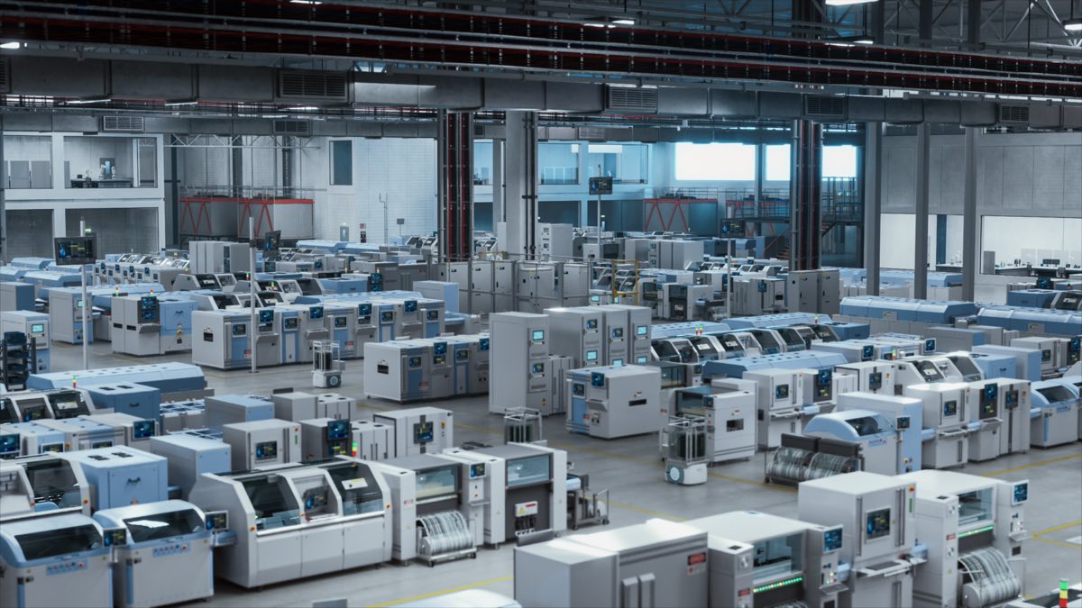 Surface-mount production hall filled with assembly and inspection machines