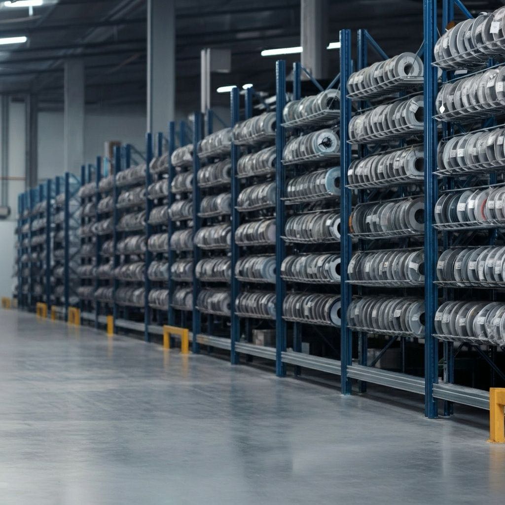 Racked component reels in a warehouse, stored on pallet racking